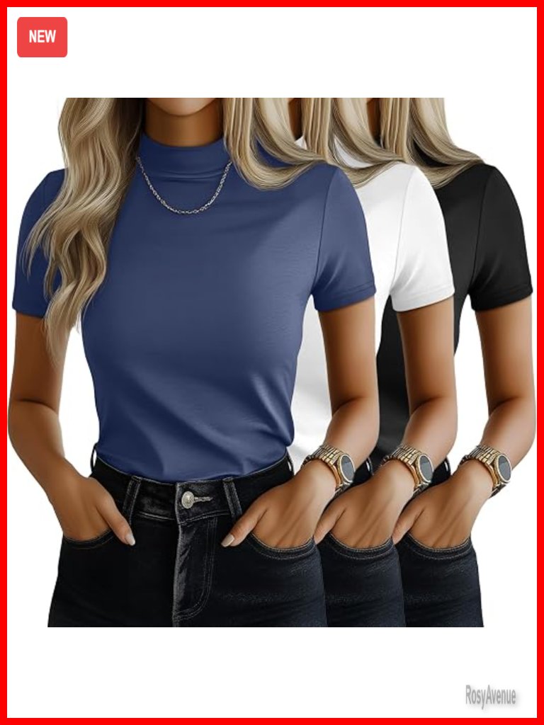 3 Pack Women's Mock Neck Short Sleeve Tops Slim Fit Tees